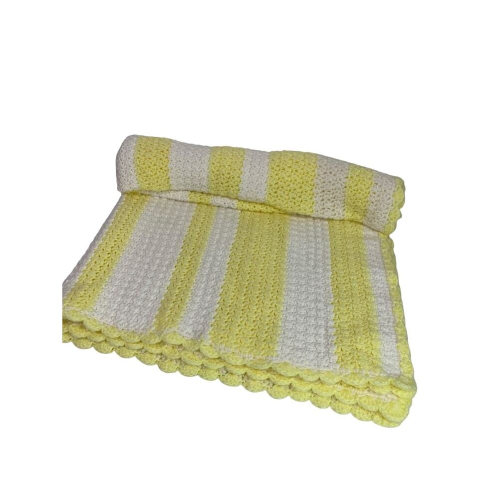 Vintage Crochet Afghan Blanket Pastel Yellow White Stripe 44" x 40"